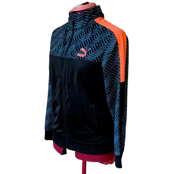 PUMA Kids Track Jacket Size Large 14-16 Black Teal Orange Logo Pattern Full Zip - Picture 2 of 10